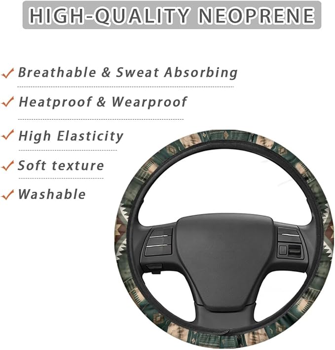 Car Steering Wheel Cover Universal 15 Inch Steering Wheel Protector Auto Accessories Decor Anti-Slip Washable Universal Fit Most Vehicles, Southwest Aztec Dark Green