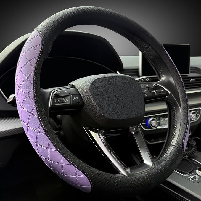 Nappa leather steering wheel cover,elegant diamond checkered design, non-slip wear-resistant, enhance driving comfort, suitable for steering wheel diameter 14 1/2‘-15’ models.Black and purple