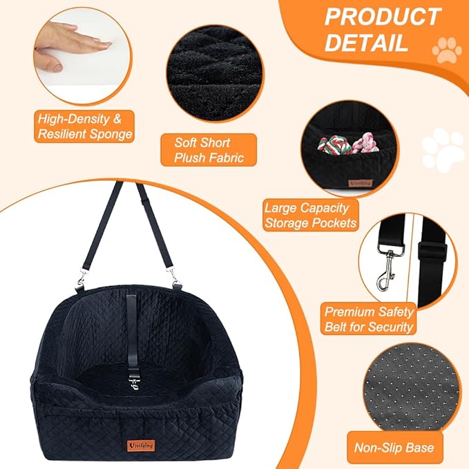 Dog Car Seat for Small & Medium Dogs, Detachable & Washable Booster Seat for Pets Up to 30lbs, Travel Bed with Storage Pockets and Safety Belt – Black