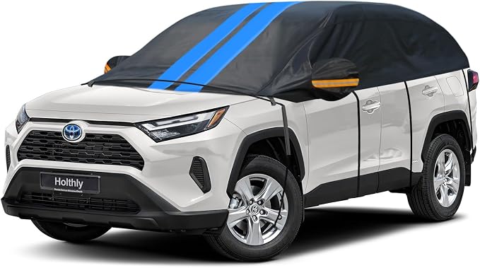 Half Car Cover Top for SUV/Jeep/4×4, Windshield Cover for Ice and Snow, Roof Car Cover Waterproof All Weather with Reflective Strips and Side Elastic Hooks. H4 (Up to 143 inch)