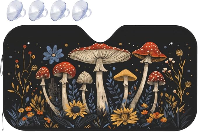 Windshield Sun Shade Boho Mushroom Flower Vintage Car Front Window Sunshade Cover for Truck SUV Blocks UV Rays Automotive Visor Interior Protector 55 x 30 inch