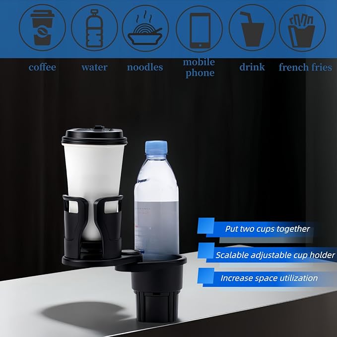 Car Cup Holder Expander，VIVURA 2-in-1 Multifunctional Car Cup Holder, Dual Cup Storage, Compatible with Hydro Flask, Yeti, Nalgene, 32/40 oz Large Bottle Drink Cups
