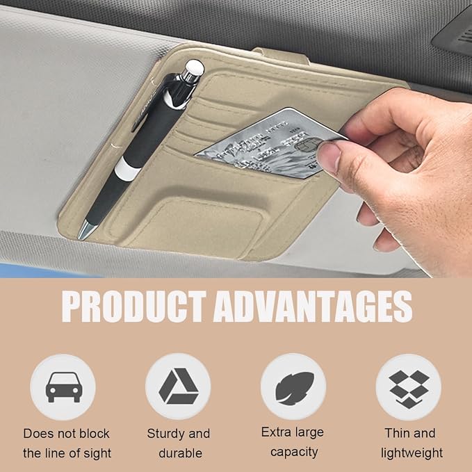 2 PCS Car Sun Visor Organizer, Small Auto Visor Organizer and Storage, Registration and Document Holder for Sunglasses, Card, Pen, Driver License, Car Accessories (Beige)