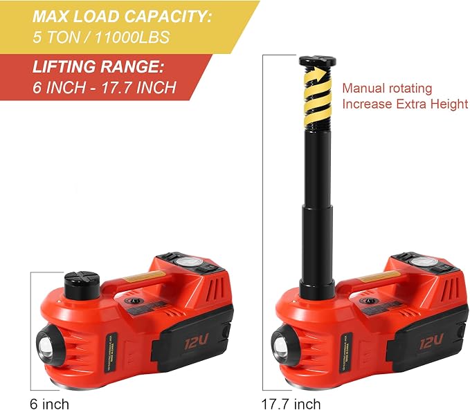 TYAYT Electric Car Jack Kit, 5 Ton Hydraulic Car Jack with Inflator Pump, 12V Portable Car Jack with LED Light for SUV MPV Sedan, Lifting Range 6 to 17.7 Inch (Red)