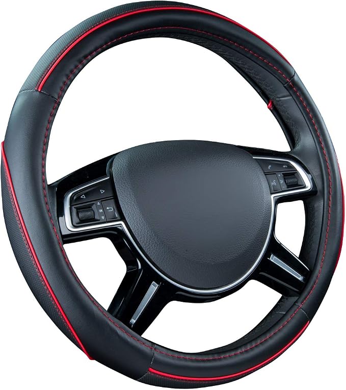 Colour Piping Leather Steering Wheel Cover,Perfectly fit for 14.5-15 inches for Various Vehicles SUVs,Vans,Sedans,Cars (Black & Red)
