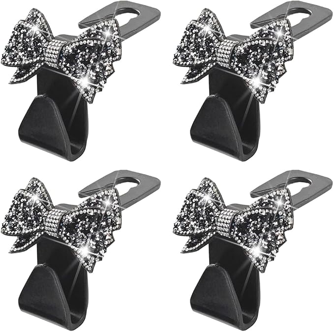 Zpana Bling Car Headreat Hook, 2PCS Crystal Rhinestone Cute Bow Vehicle Seat Back Hanger Storage for Purses Bags Grocery, Diamond Auto Rear Seat Organizer, Universal for SUV Truck Sedan (Pink)