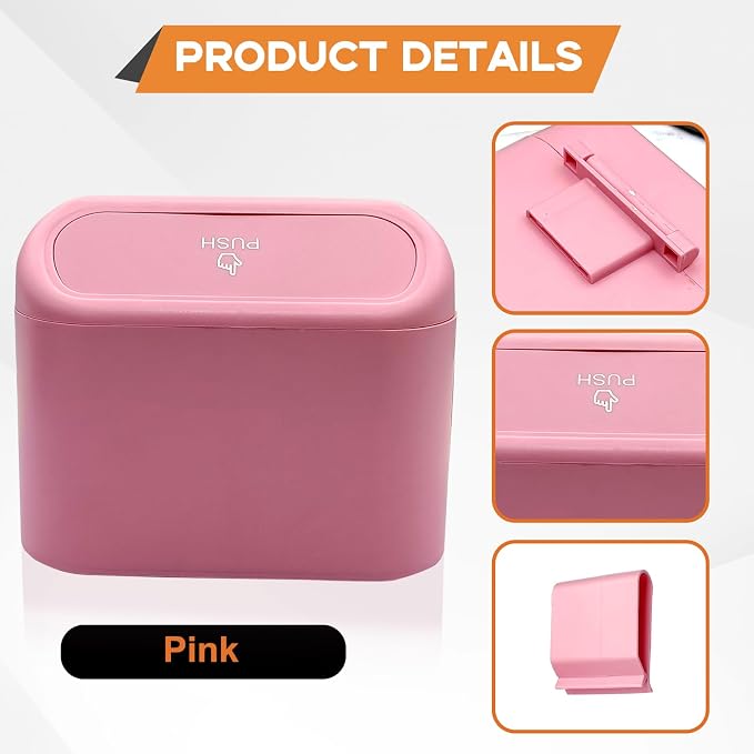 Car Trash Can, Mini Portable Car Bin with Lid & with 1 Roll Trash Bag, Leakproof Hanging Cars Storage Bag Container for Car, Home and Office (Pink)