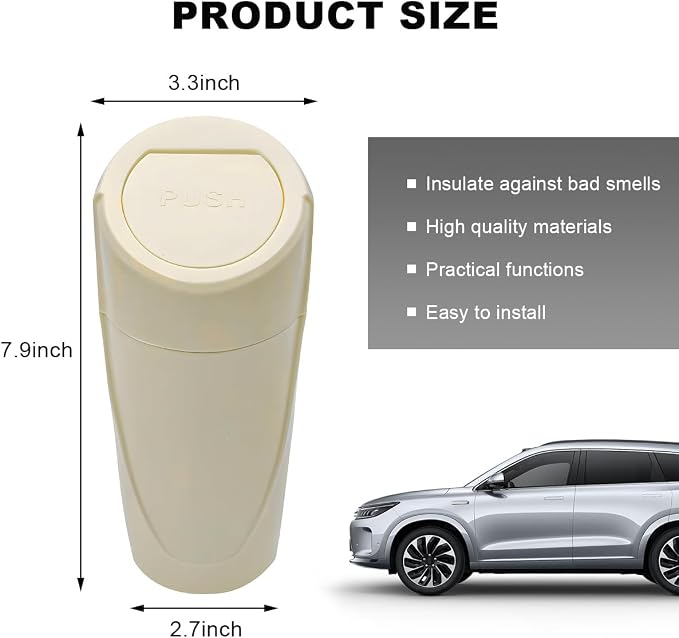 Car Trash Can with Lid, Mini Car Garbage Bin Leakproof Cup Holder Trash Can, Multipurpose Organizer Door Pocket Trash Cup Fits Auto Home Office, Universal Garbage Can (Beige)