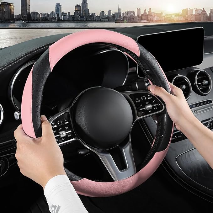 Car Steering Wheel Cover, Microfiber Leather Steering Wheel Cover Universal Fit 14.5-15 inch Anti-Slip Comfortable Breathable Car Wheel Protector for Men Women,Pink