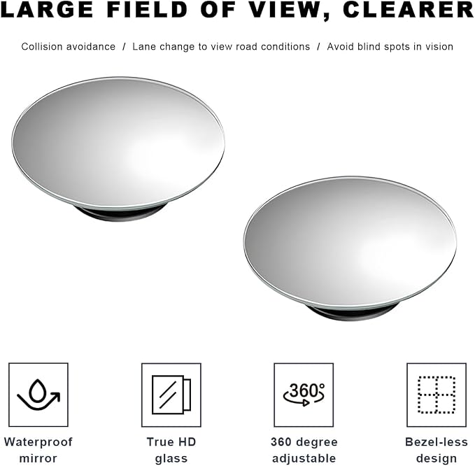 2 PCS Car Blind Spot Mirror, Round 360 Degree Rotating HD Glass Wide Angle Convex Rear View Mirror, Adjustable Frameless Side Blindspot Mirrors for Car SUV Truck RV Van