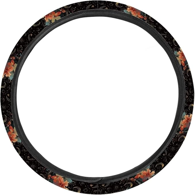 Steering Wheel Cover Vintage Horse Hibiscus Flower Pattern Full Surround Auto Steering Wheel Protector with a Diameter of 15" Steering Wheels Accessories for Car SUV Van Truck