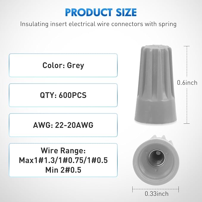 600PCS Gray Wire Connectors Kit 22-20 AWG Electric Wire Caps Insulating Insert Twist Electrical Wire Terminal with Spring for Connect Electrical Wiring Automotive Car Truck Boats Marine