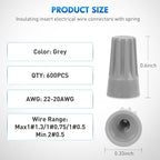 600PCS Gray Wire Connectors Kit 22-20 AWG Electric Wire Caps Insulating Insert Twist Electrical Wire Terminal with Spring for Connect Electrical Wiring Automotive Car Truck Boats Marine