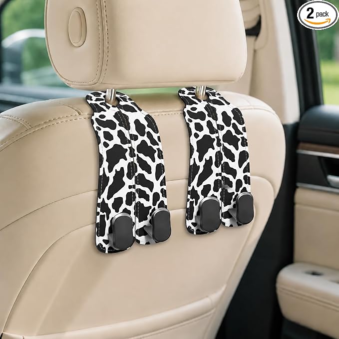 Cute Cow Car Seat Back Storage Headrest Hooks for Purses & Bags – 2PCS PU Leather Dual Metal Hooks, Backseat Organizer Accessories