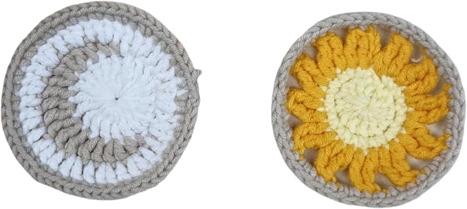 Handmade Crochet White Moon and Sun Car Steering Wheel Covers Universal 14-15 inch for Women and Men (Steer Wheel Cover+ 2 Belt Cover+2 Coaster)