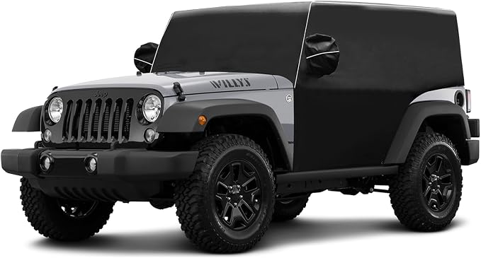 600D Cab Cover Windproof Sunshade Cover Compatible with Jeep Wrangler JK JL 2-Door 2007-2024, 6-Layer Protection Frost Wiper & Mirror Covers Protect from Sunshine, UV, Snow, Rain