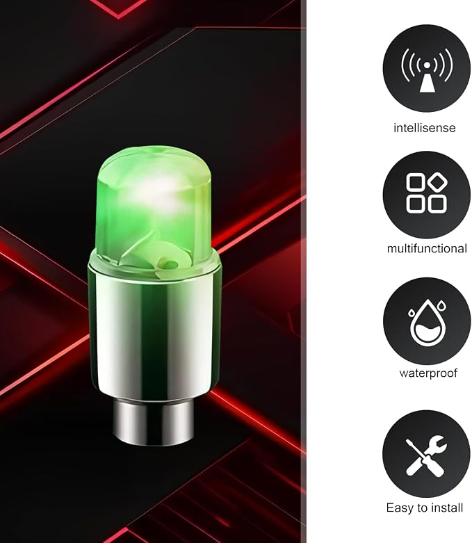6 PCS LED Tire Valve Stem Cap Lights, 360 Degree Visibility Rotating Flash, Waterproof Wheel Lights for Trucks, Cars, SUVs (Green)