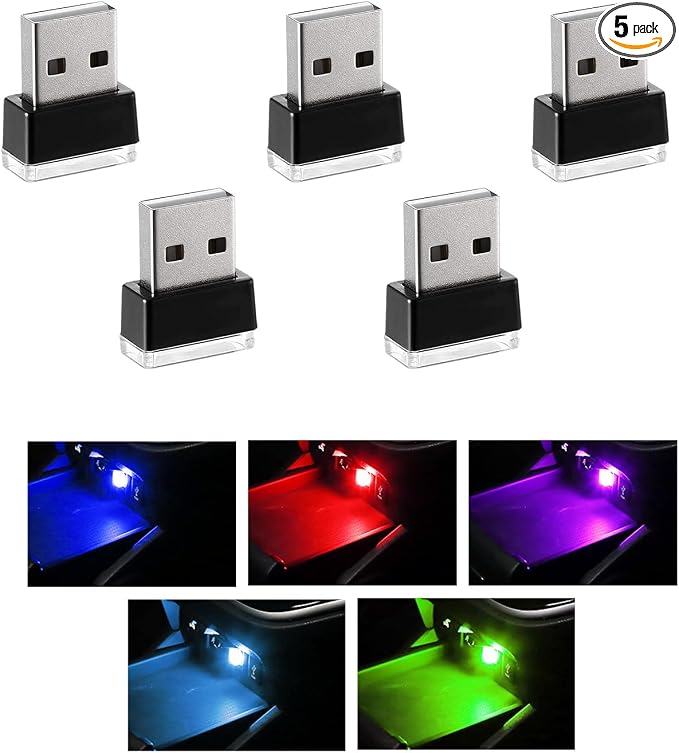 5 PCS USB LED Car Interior Atmosphere Lamp, Portable Mini LED Night Light, Plug-in USB Interface Trunk Ambient Lighting Kit, Universal Interior Car Accessories (Blue+Red+Ice Blue+Green+Purple)