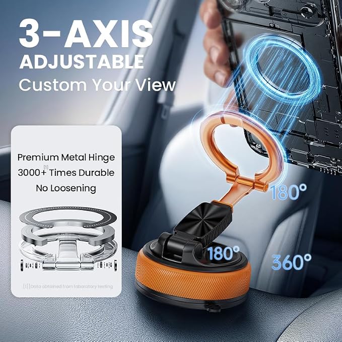 Magnetic Car Phone Mount, 2-in-1 Detachable Ring Stand for Desk & Dashboard, 360° Triple Axis Windshield Holder, N52 Strong Magnet, Universal Fit, Includes 2 Metal Plates, (orange)