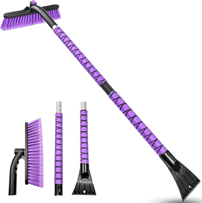 42.5 Inch Car Scraper Snow Brush, 12.6 Inch Large Brush Head with Ice Scraper for Window Windshield, Portable Snow Scraper for SUV Truck Vehicle RV Auto - Purple