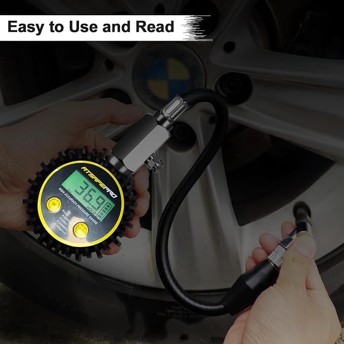 Digital Tire Pressure Gauge, Tire Pressure Gauge with Flexible Hose and Angled Chuck, Tire Pressure Gauge for Cars,Air Pressure Gauge - Professional Accuracy - 200 PSI