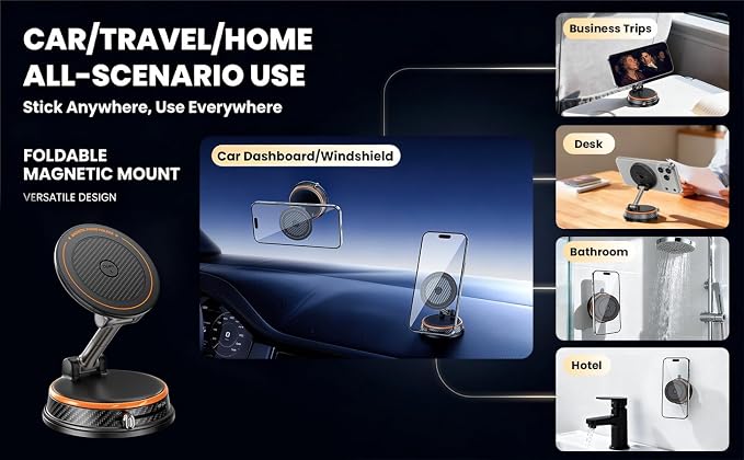 Aromatherapy Magnetic Car Phone Mount, Fitted with Powerful N52 Magnet, Reusable Suction Cup and 4-axis Adjustable Structure. Comes with 6 Solid Fragrance Refills and 1 Metal Ring Sticker.（Orange ）