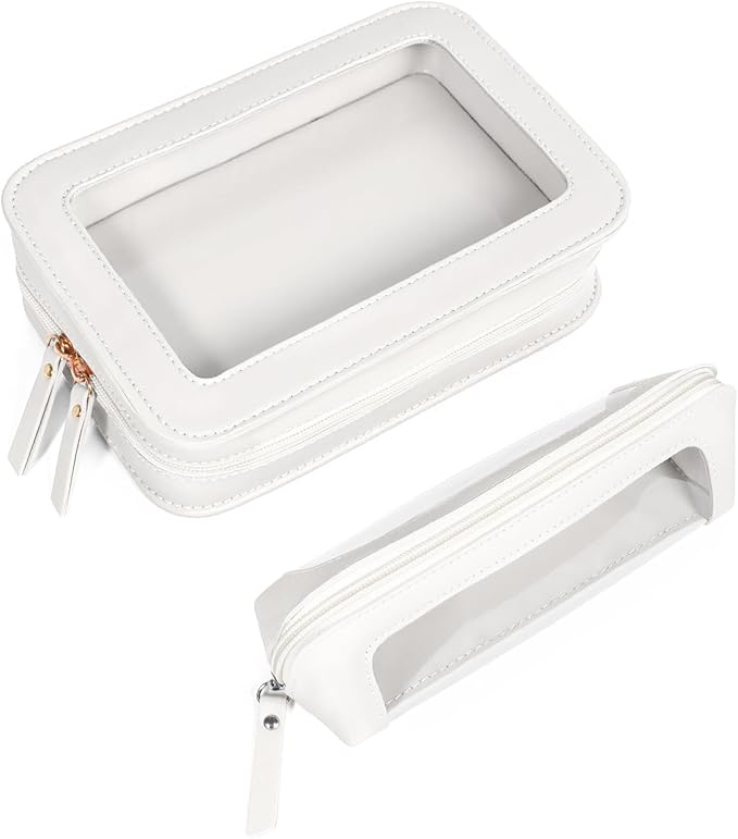 2Pack Clear Makeup Bags Set,Portable Makeup Brush Bag,Portable Leather Travel Toiletry Bag Car Eessntials for Women (White)