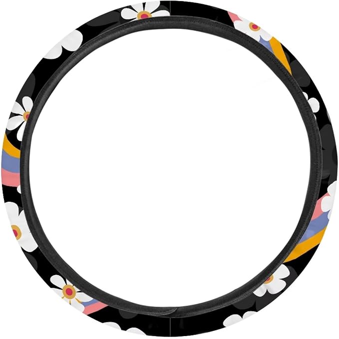 Groovy Hippie Flower Pattern Sweat Absorption Steering Wheel Cover with Anti-Slip Lining for Car Truck SUV Van Universal Car Wheel Cover Polyester Cover Car Decoration