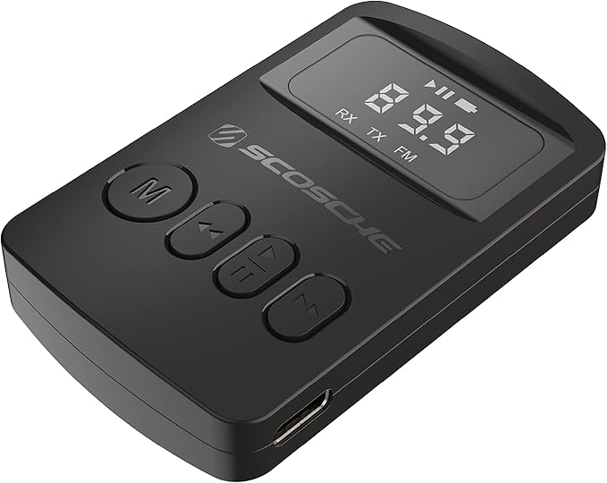 BTTRFM Portable Bluetooth Transmitter & Receiver + FM Adapter, Wireless Audio Adapter for Car, TV, Airplane, Home Stereo, Headphones with AUX & FM, Low Latency, 30–40ft Range, 7hr Battery Life