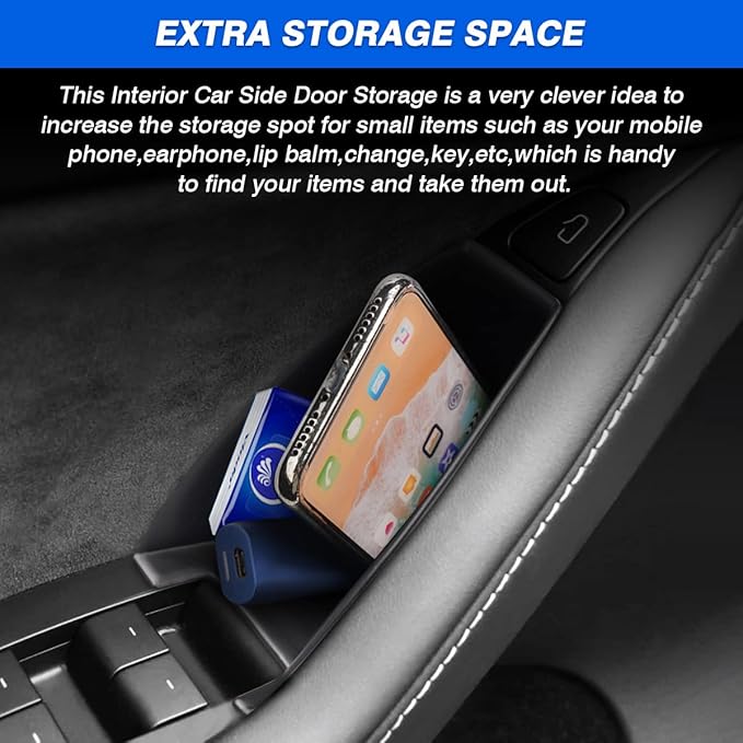 Custom Fit for Door Side Storage Box Tesla Model 3 2017-2023/ Model Y 2020-2023 Accessories Armrest Phone Container Door Organizer Handle Pocket Tray Black Set of 4