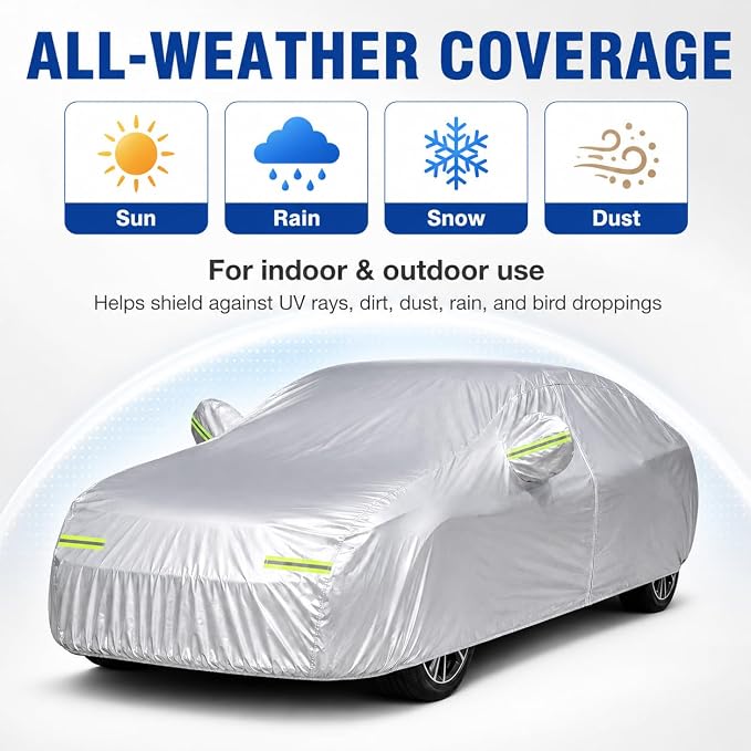 5-Layer Heavy Duty Car Cover for Sedans (185"L x 74"W x 60"H) | Waterproof Vinyl Outer,All-Weather Outdoor Indoor | Windproof Straps, Mirror Pockets, Door Zipper | UV Snow Rain Dust Protection