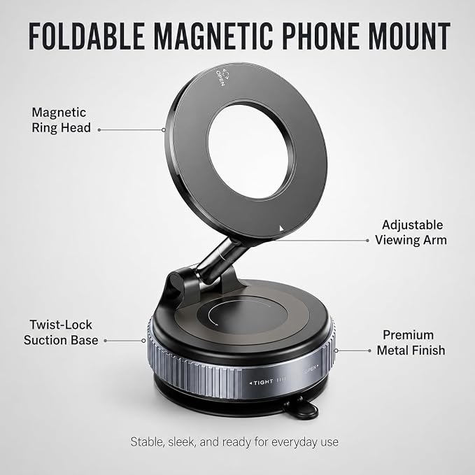 Vacuum Magnetic Phone Holder for Car, 96LBS Suction Cup & 2800gf Magnetic Hold, 360° Foldable MagSafe Car Mount for Dashboard, Windshield, Gym & Mirror, Compatible for iPhone 17–12 and Android