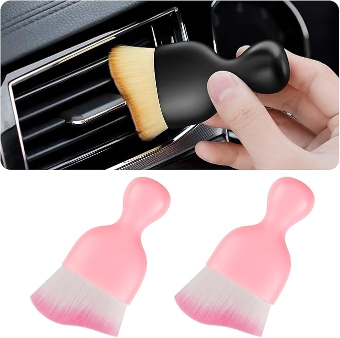 2PCS Car Interior Detailing Brush with Dust Cover, Auto Soft Hair Cleaning Brushes, Scratch Free Curved Dirt Collectors, for Vehicle Dashboard Air Conditioner Vents Leather(Pink)