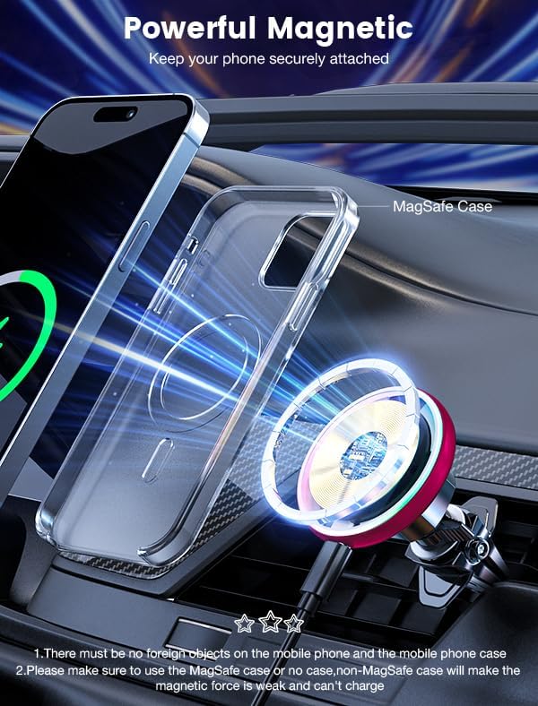for Magsafe Car Mount Charger-15W Wireless Car Charger-Magnetic Car Phone Holder for Dash Air Vent-LED RGB HandsFree Car Mount Fast Car Charger for iPhone 16 15/14/13/12 Series RED