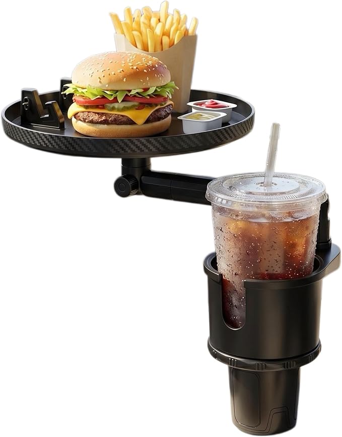 9" Car Cup Holder Tray, Detachable Food Tray Table for Road Trip | Fits Yeti & Hydro Flask, 360° Adjustable, Universal Cup Holder Expander, ABS Build, Phone Slot, Easy Install