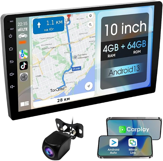 10.1 Inch Carplay Screen for Car,8 cores Radio Screen with Wireless CarPlay and Android Auto,Car Stereo with Mirror Link,Double Din Autoradio with Backup Camera,FM,Aux Input Car Audio