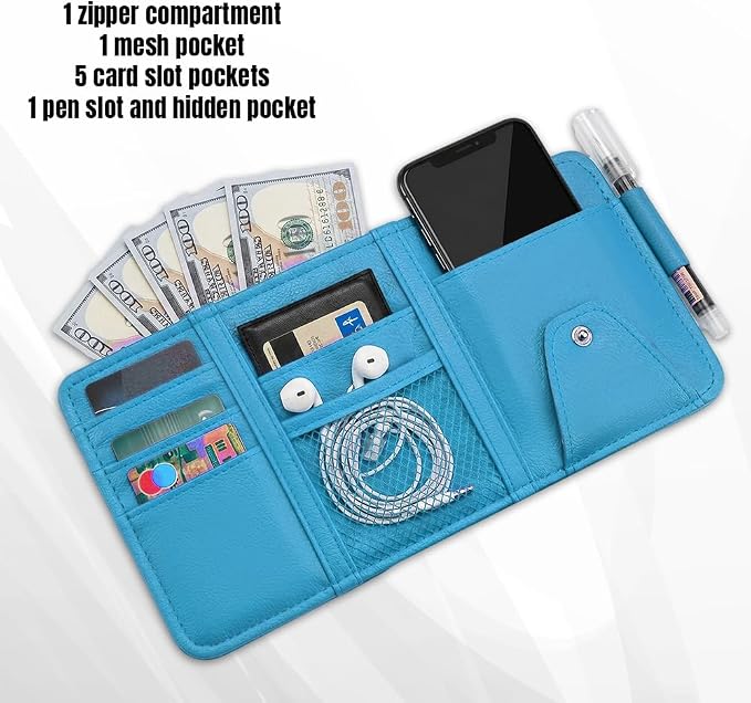 Car Sun Visor Organizer, Truck Visor Organizer, Leather Multi-Pocket Auto Visor Storage Pocket Pouch Holder with Zipper, Auto Accessories Storage Bag for Driving License Card Pen (Sky Blue)