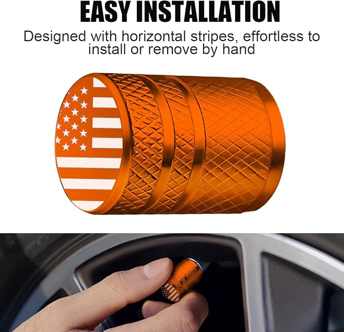 Tire Valve Stem Caps - (4 Pack) American Flag Metal Air Caps with Plastic Liner, Durable, Corrosion Resistant and Leak-Proof, Universal Fit for Cars, Trucks, Motorcycles, and Bikes - Orange