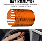 Tire Valve Stem Caps - (4 Pack) American Flag Metal Air Caps with Plastic Liner, Durable, Corrosion Resistant and Leak-Proof, Universal Fit for Cars, Trucks, Motorcycles, and Bikes - Orange