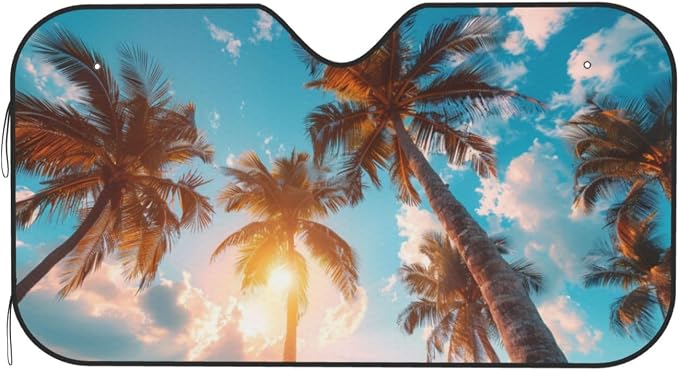 Windshield Sun Shade Beach Palm Tree Sunrise Front Window Sunshade Cover for Car Truck SUV Blocks UV Rays Automotive Visor Interior Protector 51 x 27.5 inch