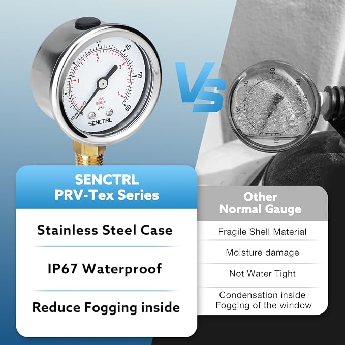0-60 Psi Pressure Gauge, 2" Dial, 1/4 Npt Lower Mount, Waterproof, Stainless Steel Case, for Swimming Pool Filter Pump Spa Water Air MTB Tire Pressure Test