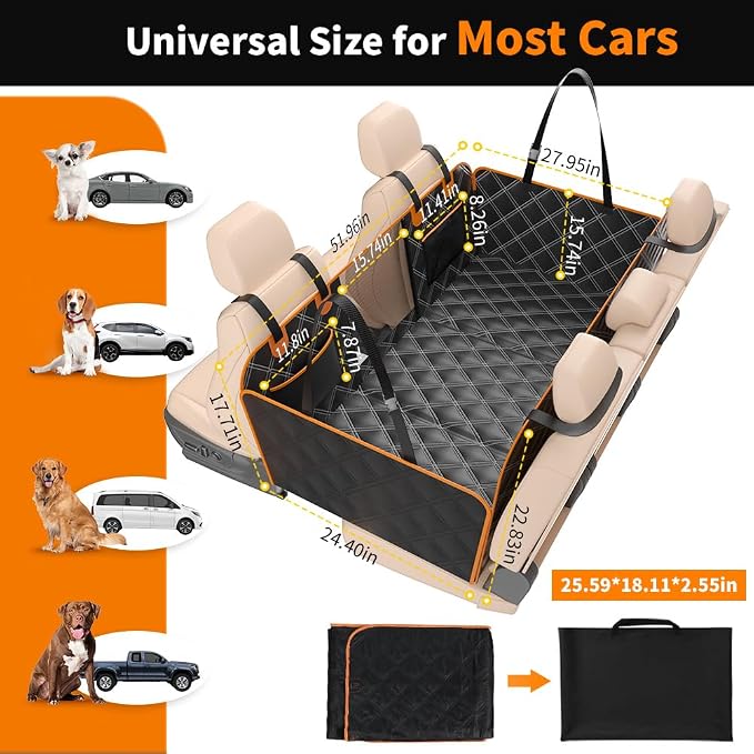 Back Seat Extender for Dogs, Hard Bottom Dog Car Seat Cover for Back Seat Waterproof with Mesh Window and Storage Pocket, Dog Hammock for Cars & SUVs