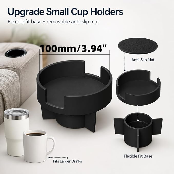 Couch Cup Holder Adapter – Universal Sofa Drink Expander for Large Mugs, Tumblers & Bottles – Spill-Proof Recliner Caddy for Living Room, RV & Boat (Black, Base 70-92MM(2.75-3.62IN))