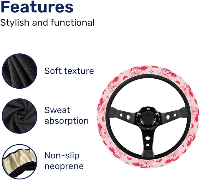 Pink Cartoon Mouse Steering Wheel Cover, Non Slip Polyester Car Wheel Protector for Car SUV Truck, Universal 15 Inch