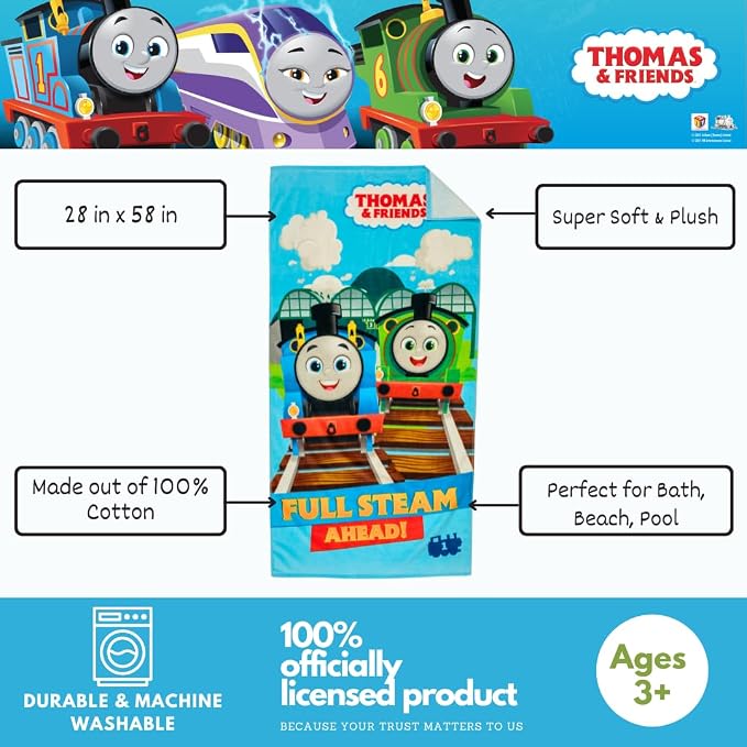 Thomas & Friends Kids Super Soft Cotton Bath/Pool/Beach Towel, 58 in x 28 in, By