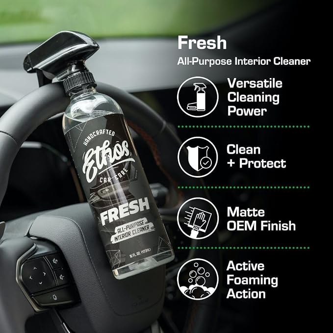 Ethos FRESH - All Purpose Interior Cleaner Car Detailing Kit, Detailing Spray - Car Interior Detailing - Interior Cleaner for Cars, Trucks, SUVs, Jeeps, Motorcycles, RVs & More (16oz FRESH & Scrubber)