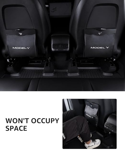 Trash Can for Tesla Model Y 2020-2026 Garbage Bag [Strong Magnetic Buckle] with LED Light 1PCS Backseat Hanging Garbage Bin Waterproof Faux Leather Model Y Interior Accessories 2.5 Gallons
