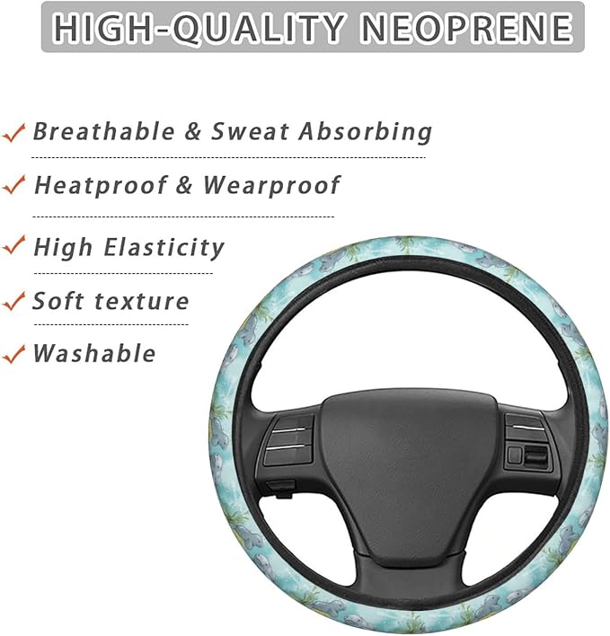 Cartoon Florida Manatee Mother and Baby Steering Wheel Covers Anti-Slip Elasticity Car Accessories Steering Wheel Protector Universal 15 Inch for Cars SUV Vehicle Truck