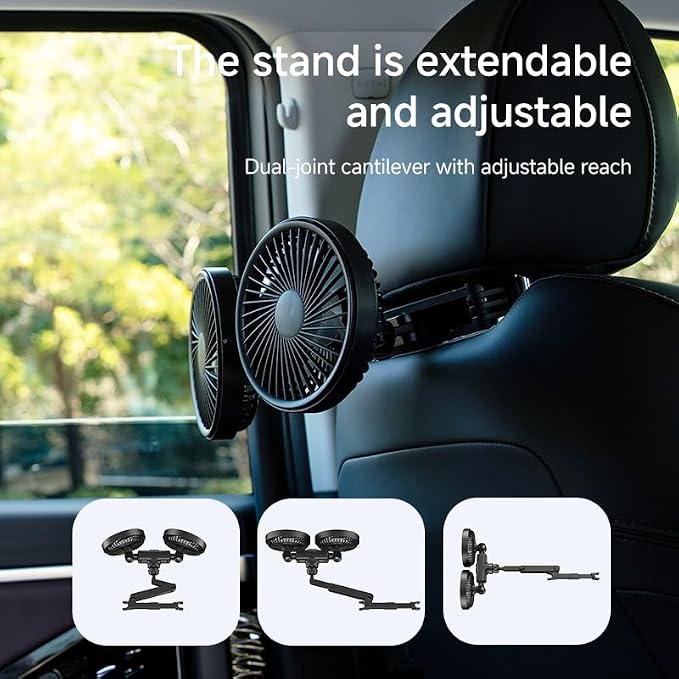Pelidox Car Fan for Backseat - 3 Speeds 360° Rotation Dual Head USB Back Seat Cooling Fan Kids Baby Quiet Fan with LED Display for Almost Vehicle Jeep Van RV Truck