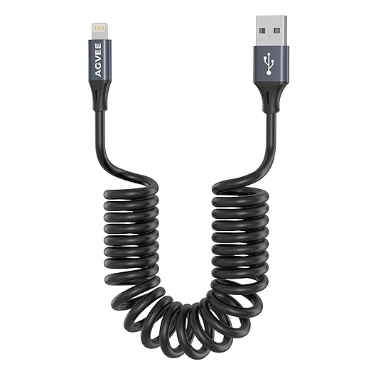 3ft Coiled Short USB to Lightning Charging Cable [MFI Certified] 3A Fast Charger Cord in Car for iPhone 14/13/12/11/XS/8/7/6/5 CarPlay, iPad, iPod, Dark Gray